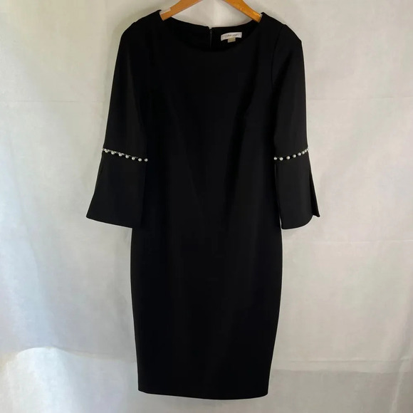 Calving Klein LBD Black Scoop Neck Pearl Sleeve Sheath Dress Classy Sz 4 - Picture 9 of 9